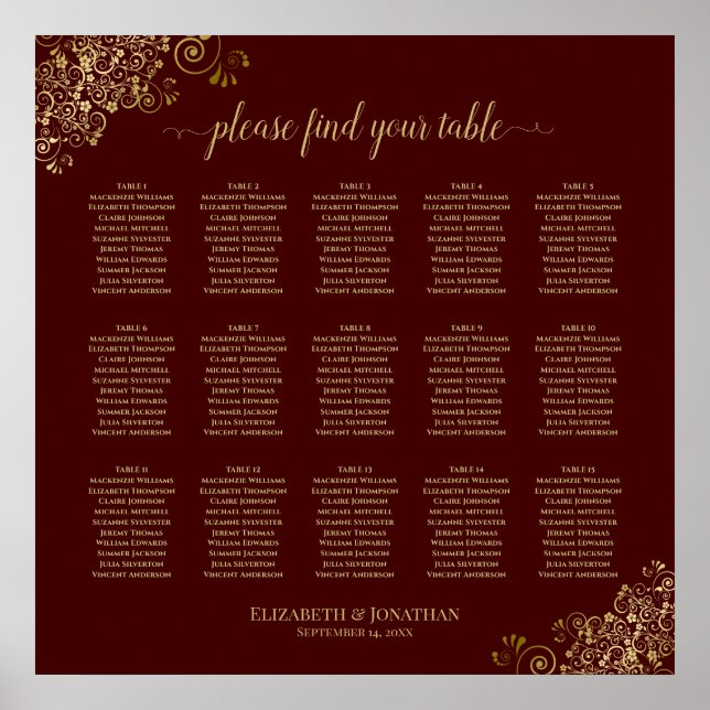 Lacy Gold 15 Table Wedding Seating Chart Auburn (Front)