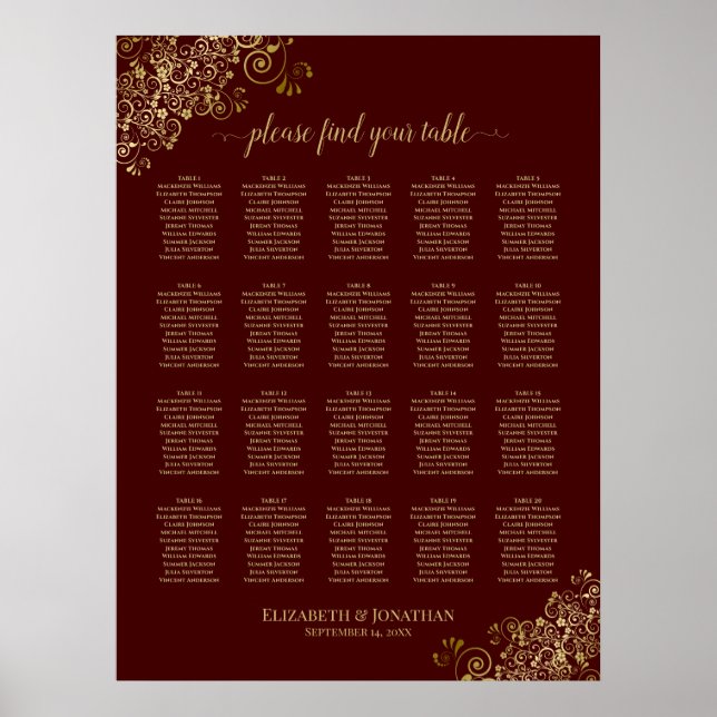 Lacy Gold 20 Table Auburn Wedding Seating Chart (Front)