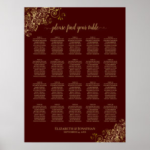 Lacy Gold 20 Table Burgundy Wedding Seating Chart