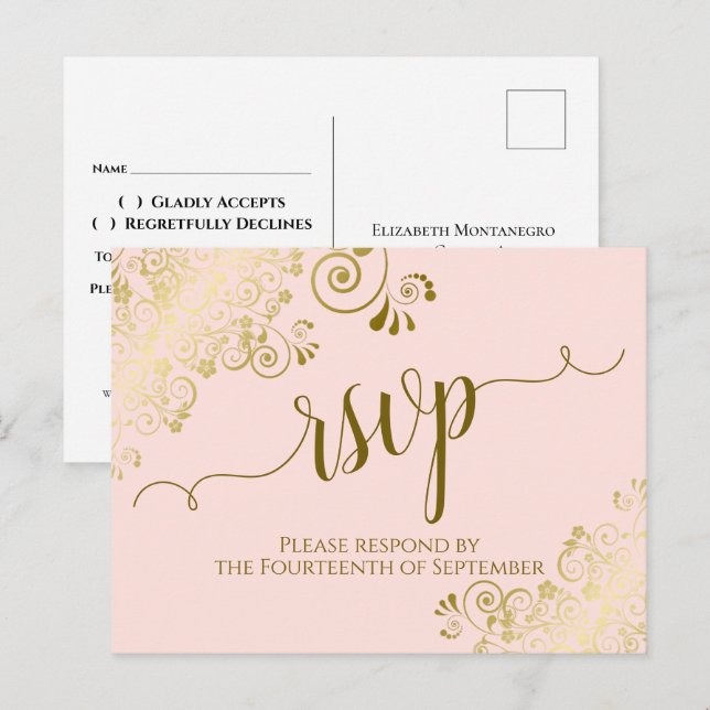 Lacy Gold Calligraphy Blush Pink Wedding RSVP Postcard (Front/Back)