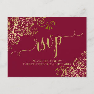 Lacy Gold Calligraphy Burgundy Maroon Wedding RSVP Postcard