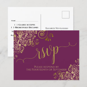 Lacy Gold Calligraphy Cassis Purple Wedding RSVP Postcard