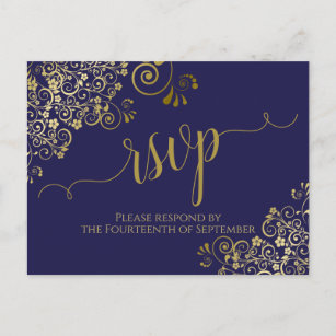 Lacy Gold Calligraphy Chic Navy Blue Wedding RSVP Postcard
