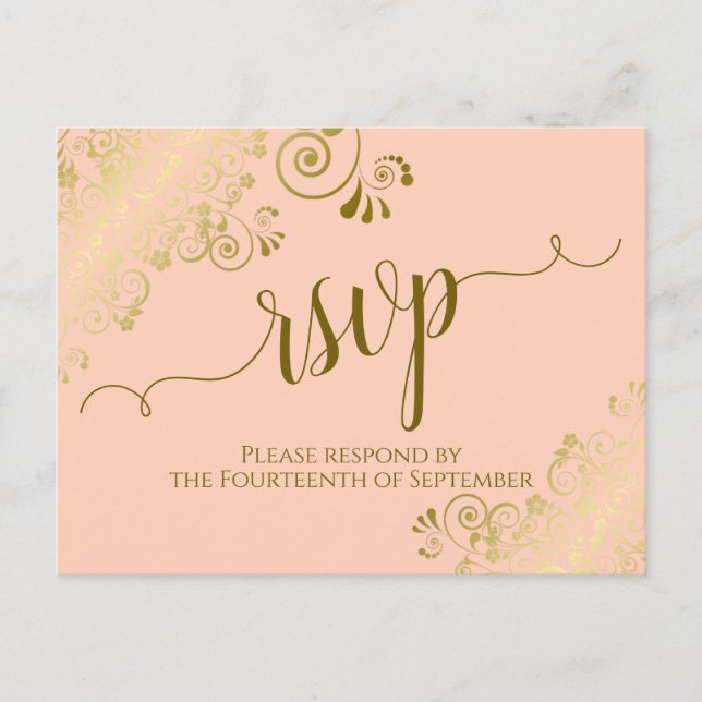 Lacy Gold Calligraphy Coral Peach Wedding RSVP Postcard (Front)