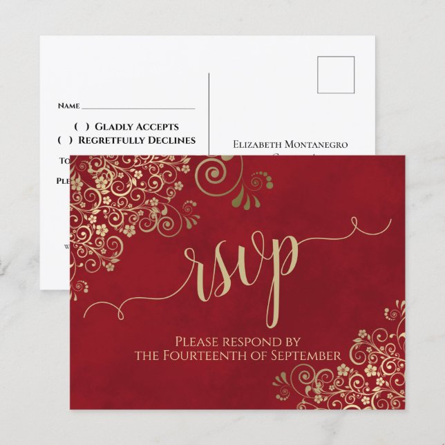 Lacy Gold Calligraphy Elegant Red Wedding RSVP Postcard (Front/Back)
