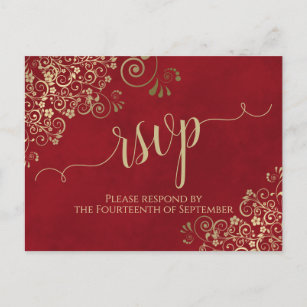 Lacy Gold Calligraphy Elegant Red Wedding RSVP Postcard