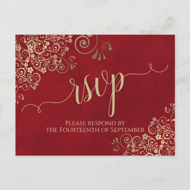 Lacy Gold Calligraphy Elegant Red Wedding RSVP Postcard (Front)