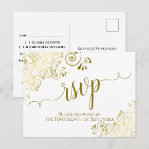 Lacy Gold Calligraphy Elegant White Wedding RSVP Postcard