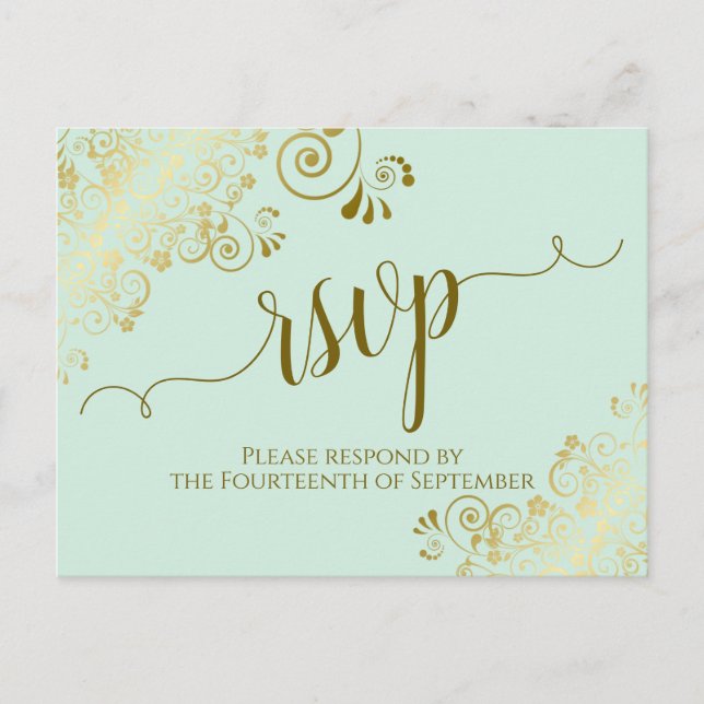 Lacy Gold Calligraphy Pale Mint Green Wedding RSVP Postcard (Front)
