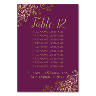 Lacy Gold Chic Cassis Purple Wedding Seating Chart Table Number