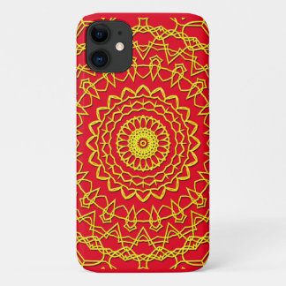 Lacy Gold Colour Circular Design on red iPhone 11 Case