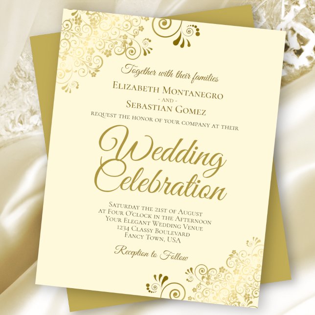 Lacy Gold Elegant Cream BUDGET Wedding Invitation (Creator Uploaded)