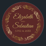 Lacy Gold Filigree Elegant Auburn Brown Wedding Classic Round Sticker<br><div class="desc">These elegant wedding stickers feature fancy gold script text on a dark auburn or chocolate brown background with a lacy gold faux foil floral border. The text is fully customizable and contains the wedding couple's names and wedding date. Great as favour tags or envelope seals!</div>