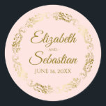 Lacy Gold Filigree Elegant Blush Pink Wedding Classic Round Sticker<br><div class="desc">These beautiful wedding stickers are feature gold text on a blush pink background with a gold faux foil floral border. The text is fully customizable and contains the wedding couple's names and wedding date. Great as favour tags or envelope seals!</div>
