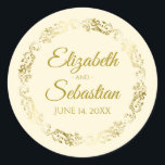 Lacy Gold Filigree Elegant Cream Wedding Favour Classic Round Sticker<br><div class="desc">These beautiful stickers are feature gold text on a cream or ivory background with a gold faux foil floral border. The text is fully customizable and contains the wedding couple's names and wedding date. Great as favour tags!</div>