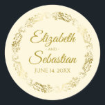 Lacy Gold Filigree Elegant Cream Wedding Favour Classic Round Sticker<br><div class="desc">These beautiful stickers are feature gold text on a cream or ivory background with a gold faux foil floral border. The text is fully customizable and contains the wedding couple's names and wedding date. Great as favour tags!</div>