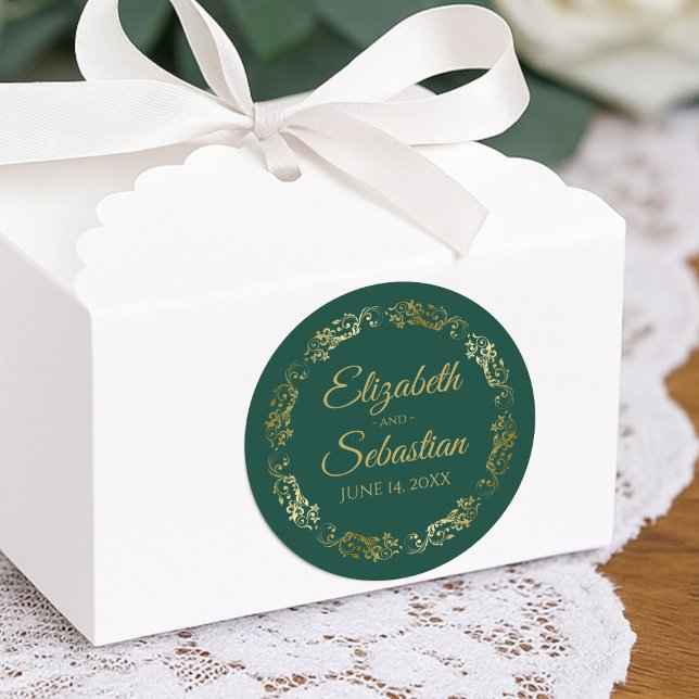 Lacy Gold Filigree Elegant Emerald Green Wedding Classic Round Sticker (As a favor tag)