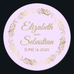 Lacy Gold Filigree Elegant Lilac Purple Wedding Classic Round Sticker<br><div class="desc">These beautiful wedding stickers are feature gold text on a lilac purple background with a gold faux foil floral border. The text is fully customizable and contains the wedding couple's names and wedding date. Great as favour tags or envelope seals!</div>