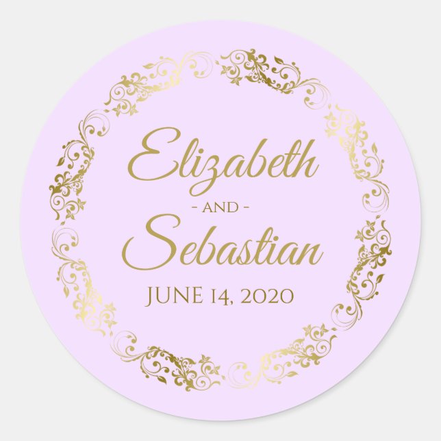 Lacy Gold Filigree Elegant Lilac Purple Wedding Classic Round Sticker (Front)