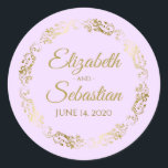 Lacy Gold Filigree Elegant Lilac Purple Wedding Classic Round Sticker<br><div class="desc">These beautiful wedding stickers are feature gold text on a lilac purple background with a gold faux foil floral border. The text is fully customizable and contains the wedding couple's names and wedding date. Great as favour tags or envelope seals!</div>
