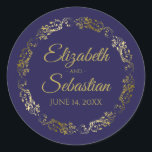 Lacy Gold Filigree Elegant Navy Blue Wedding Favor Classic Round Sticker<br><div class="desc">These elegant wedding stickers feature fancy gold script text on a navy blue background with a lacy gold faux foil floral border. The text is fully customizable and contains the wedding couple's names and wedding date. Great as favor tags or envelope seals!</div>