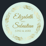 Lacy Gold Filigree Elegant Neo Mint Green Wedding Classic Round Sticker<br><div class="desc">These beautiful wedding stickers are feature gold text on a light neo mint green background with a gold faux foil floral border. The text is fully customizable and contains the wedding couple's names and wedding date. Great as favour tags or envelope seals!</div>
