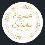 Lacy Gold Filigree Elegant Wedding Favour Classic Round Sticker<br><div class="desc">These beautiful stickers are designed to coordinate with our Gold Foil Elegant Wedding Suite. They feature gold text on a white background with a gold faux foil floral border. The text is fully customizable and contains the wedding couple's names and wedding date. Great as favour tags!</div>