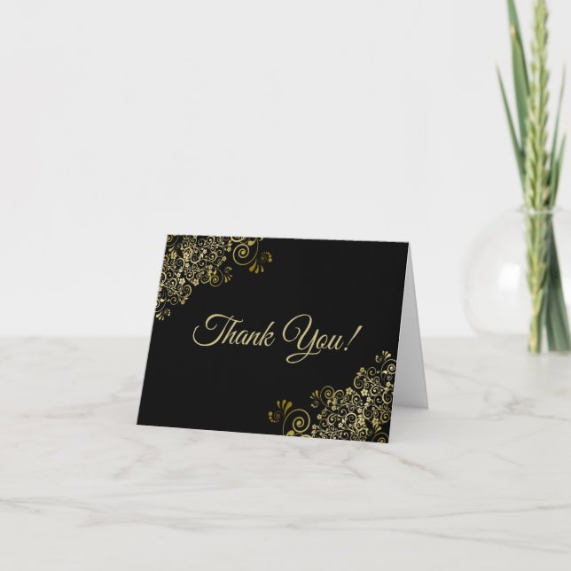 Lacy Gold Frills Elegant Black Wedding Photo Thank You Card (Front)