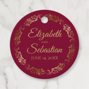 Lacy Gold Frills Elegant Maroon Burgundy Wedding Favour Tags