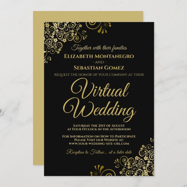 Lacy Gold Frills on Black Elegant Virtual Wedding Invitation (Front/Back)