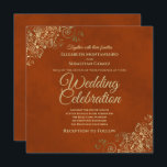 Lacy Gold Frills on Rust Orange Elegant Wedding Invitation<br><div class="desc">This beautiful wedding invitation features a lovely design with ornate gold curls and swirls and golden script lettering on a lush marbled rust orange or burnt umber coloured background. The design is simple yet elegant, with a luxurious glamourous style. Wonderful way to invite your friends and family to be a...</div>