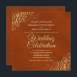 Lacy Gold Frills on Rust Orange Elegant Wedding Invitation<br><div class="desc">This beautiful wedding invitation features a lovely design with ornate gold curls and swirls and golden script lettering on a lush marbled rust orange or burnt umber coloured background. The design is simple yet elegant, with a luxurious glamourous style. Wonderful way to invite your friends and family to be a...</div>