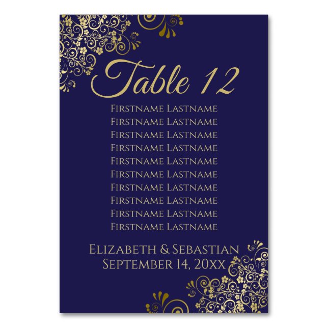 Lacy Gold Navy Blue Elegant Wedding Seating Chart Table Number (Back)