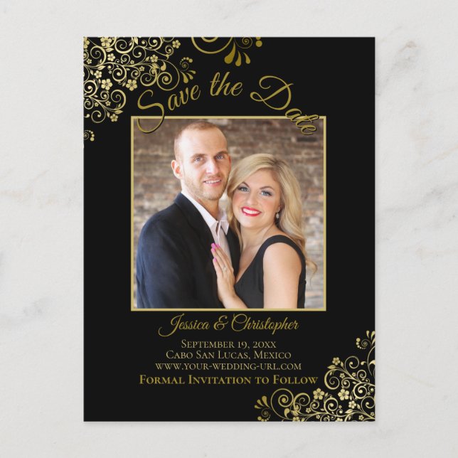 Lacy Gold on Black Wedding Save the Date Photo Announcement Postcard (Front)