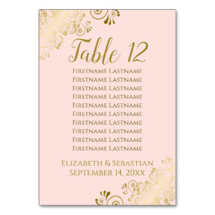 Lacy Gold on Blush Pink Wedding Seating Chart Table Number