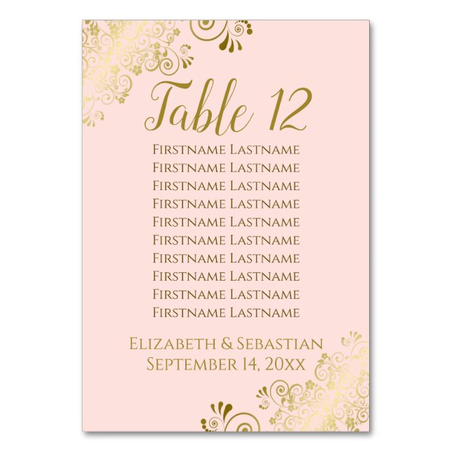 Lacy Gold on Blush Pink Wedding Seating Chart Table Number (Front)