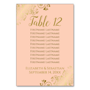Lacy Gold on Coral Peach Wedding Seating Chart Table Number