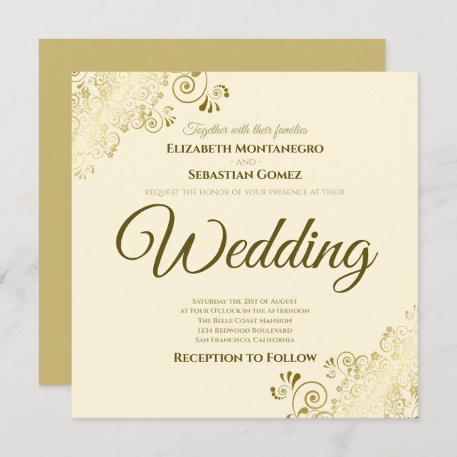 Lacy Gold on Ivory Cream Elegant Square Wedding Invitation (Front/Back)