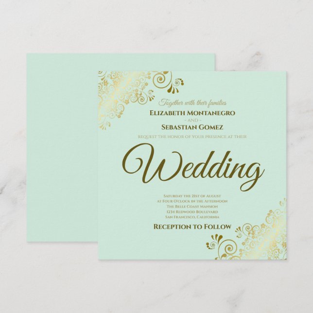 Lacy Gold on Mint Green Elegant Square Wedding Invitation (Front/Back)