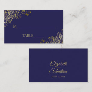 Lacy Gold on Navy Blue Elegant Wedding Escort Card
