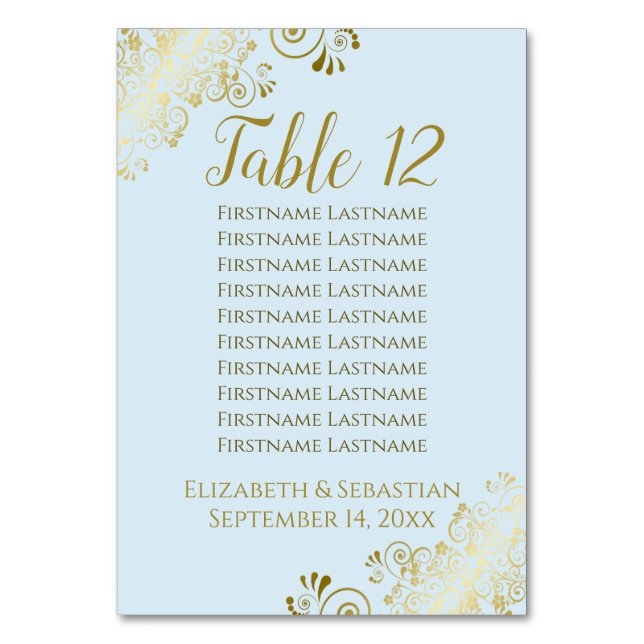 Lacy Gold on Powder Blue Wedding Seating Chart Table Number (Front)