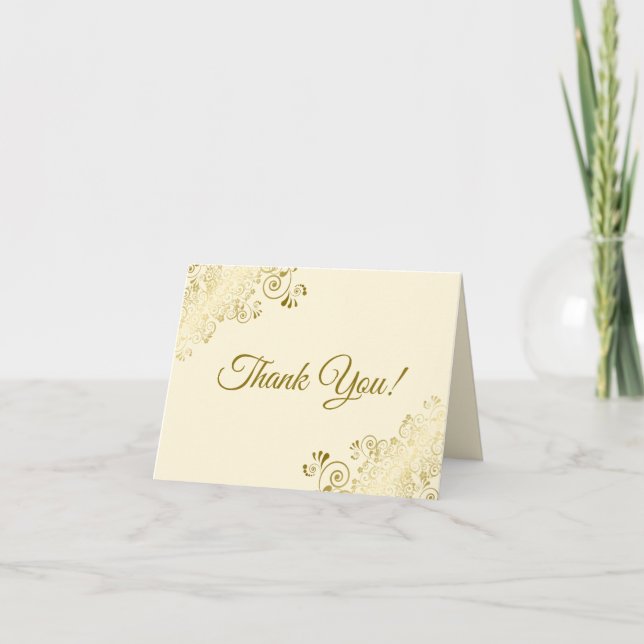 Lacy Golden Curls Elegant Cream Wedding Photo Thank You Card (Front)