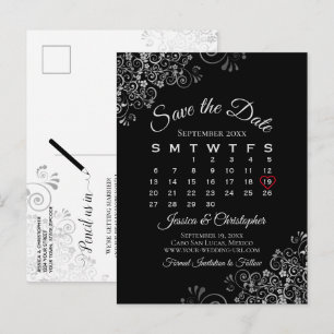 Lacy Grey on Black Wedding Save the Date Calendar Announcement Postcard