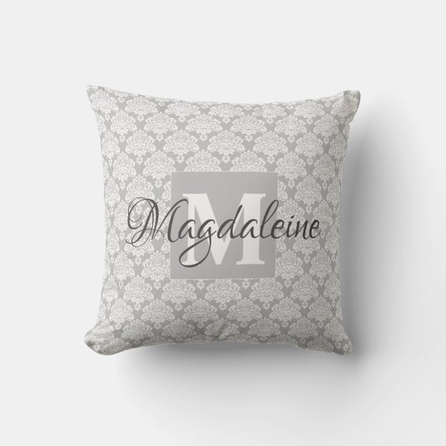 Lacy Grey & White Damask Name & Monogram Throw Pillow (Front)