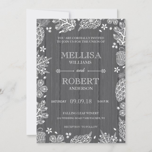 Lacy Leaves on Wood Wedding Invitation (Front)