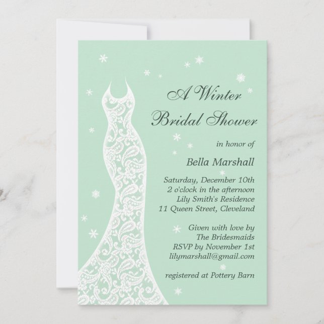 Lacy Mint Invitation à la douche nuptiale d'hiver (Devant)