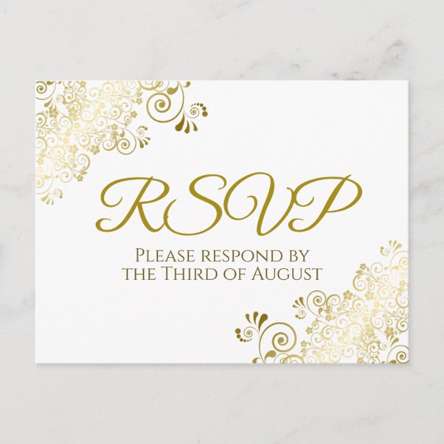 Lacy Ornate Gold Filigree Elegant Wedding RSVP Postcard (Front)