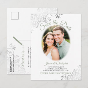 Lacy Sage Green Wedding Save the Date Photo Announcement Postcard