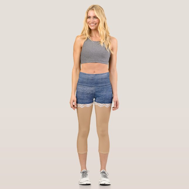 Lacy Shorts Denim Fun Flesh Colour Capri Leggings (Front)