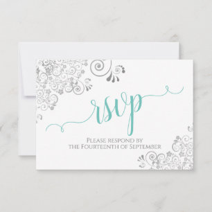 Lacy Silver & Aqua on White Elegant Script Wedding RSVP Card